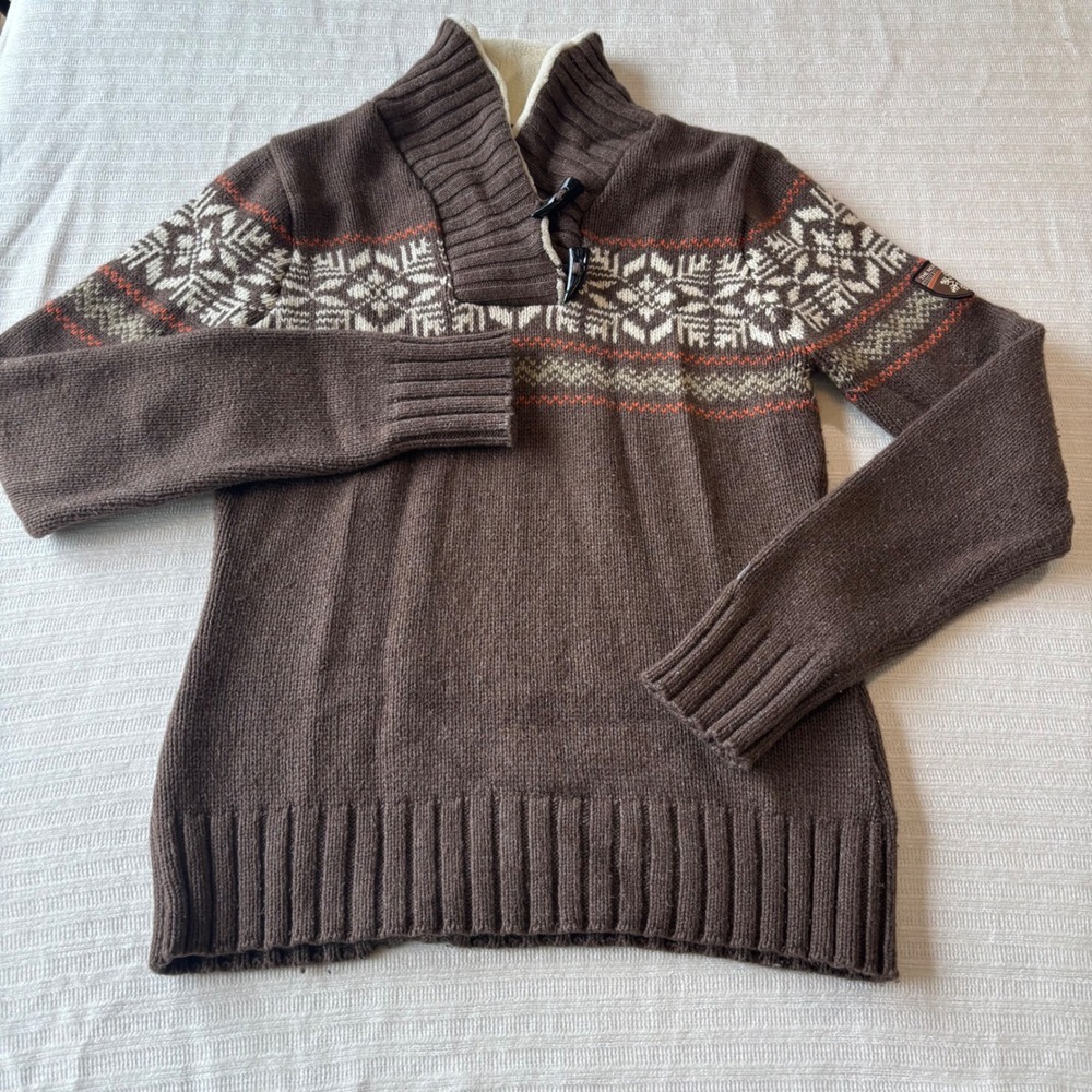 The North Face Womens Brown Fair Isle‎ Toggle Shawl Neck Wool Blend Sweater M - Picture 2 of 12